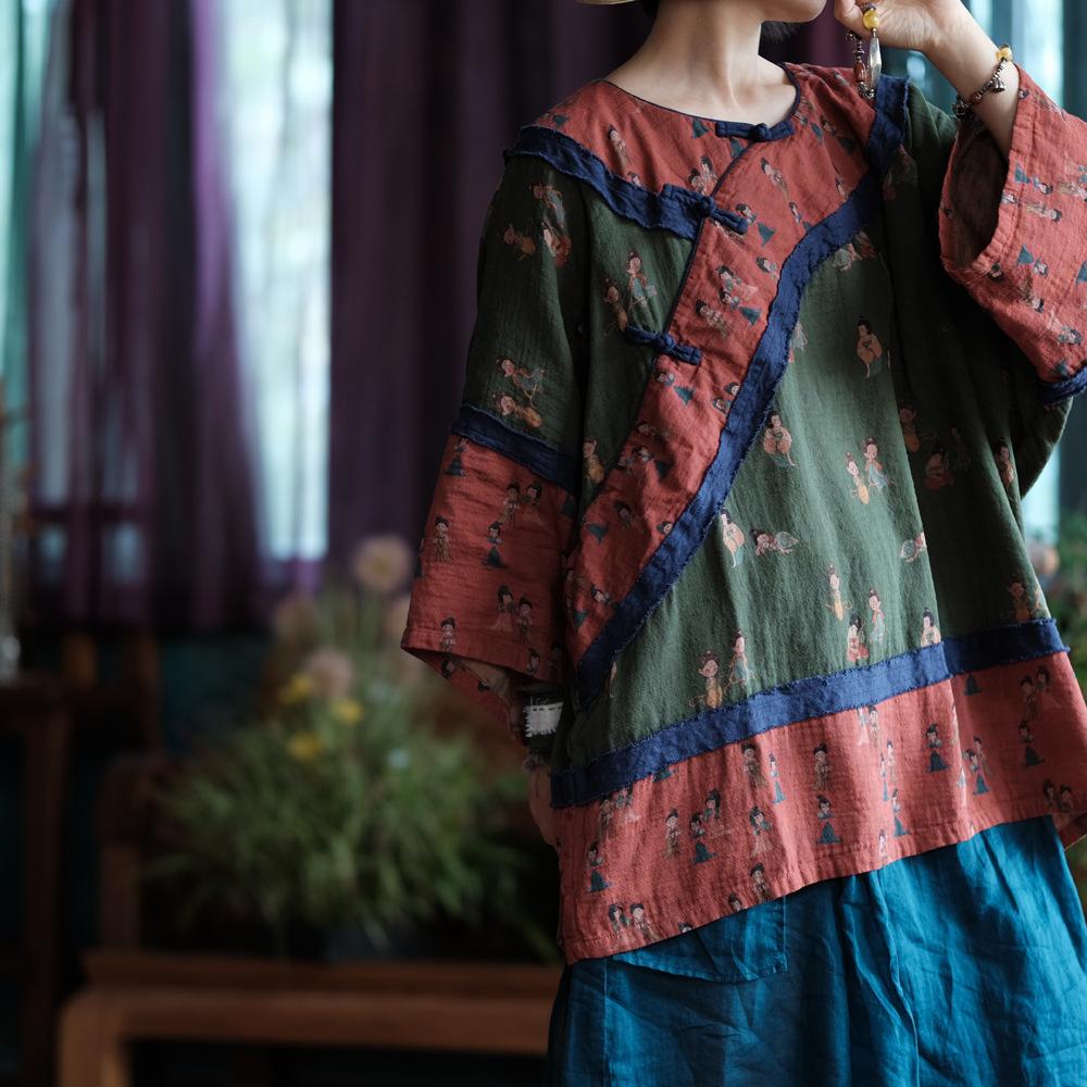 Johnature Women Vintage Print Floral Patchwork Color T-Shirts O-Neck Long Sleeve Loose Fall Chinese Style T-Shirts