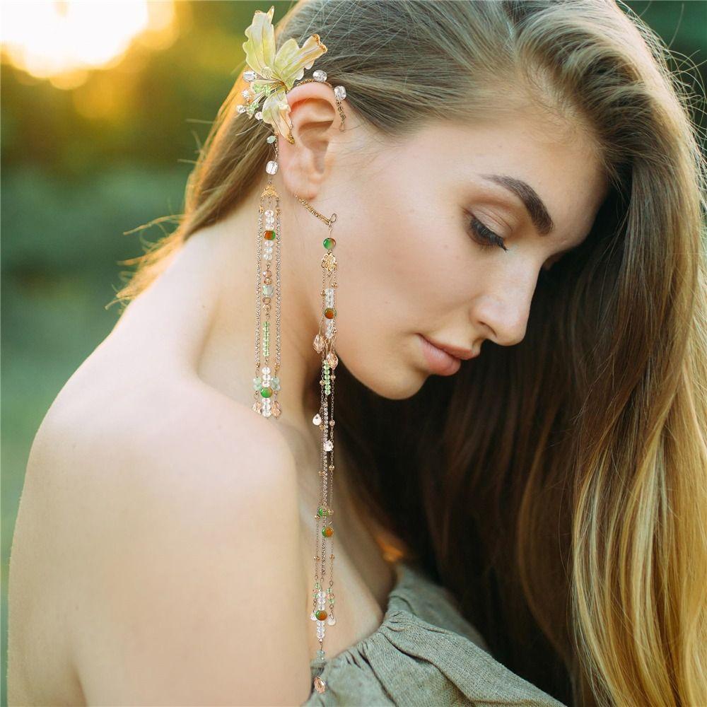 Каффы для ушей в виде эльфа с белым цветком, золотые манжеты для ушей в виде русалки для Хэллоуина, Рождества, свадьбы, вечеринки