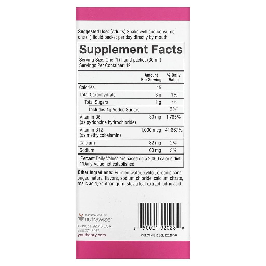 Youtheory, B12B6 В дорогу, Малиновый вкус, 12 упаковок, 1 жидкая унция (30 мл) Каждый