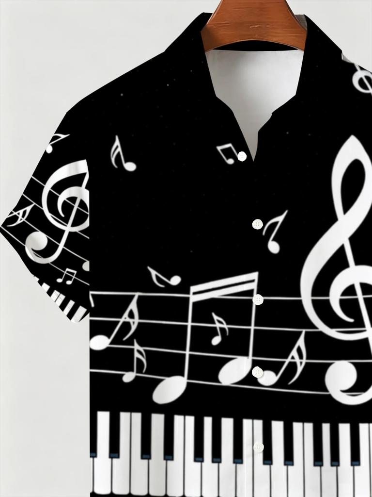 Men's Plus Size Short-Sleeve Shirt with Music Theme, Summer Trendy Print, Piano Keys and Music Notes Pattern Casual Top, PLUS SIZE