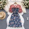 Женское джинсовое платье с цветочным принтом для милых девочек, новое тонкое платье трапециевидной формы с пышными рукавами и темпераментом