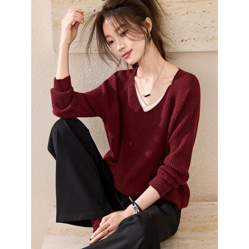Mohan Yimei Quiet Luxury V-Neck Faux Two-Piece Knit Sweater