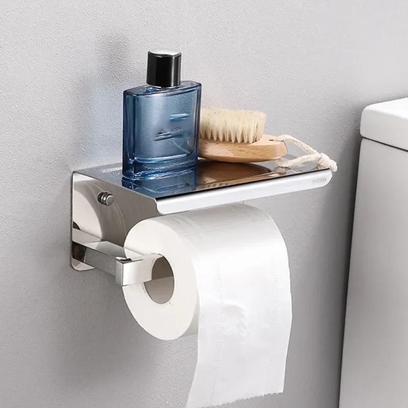 304 Stainless Steel Toilet Paper Holder with Phone Shelf Bathroom Tissue Holder Toilet Paper Roll Holder Paper Holders Banheiro