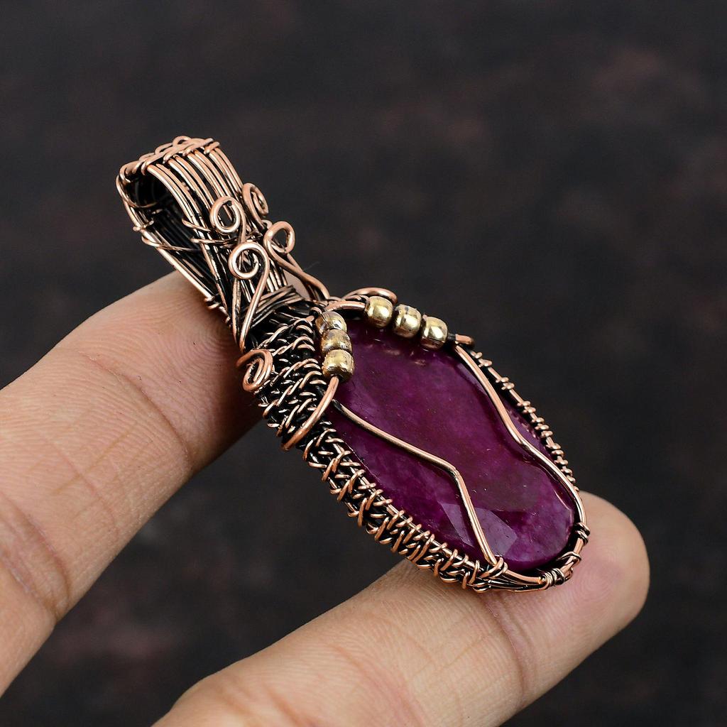 Кулон с ограненным кашмирским рубином, обернутый медной проволокой, подвеска из драгоценных камней, обернутая проволокой, ювелирные изделия из кашмирского рубина, ручная работа, медные украшения для подарка