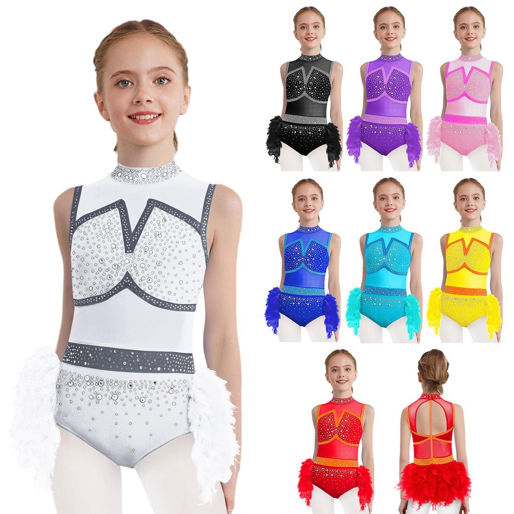 Костюм для латиноамериканских танцев для девочек, леотар с цветными блоками и юбкой из перьев, блестящие стразы, без рукавов, вырез на спине