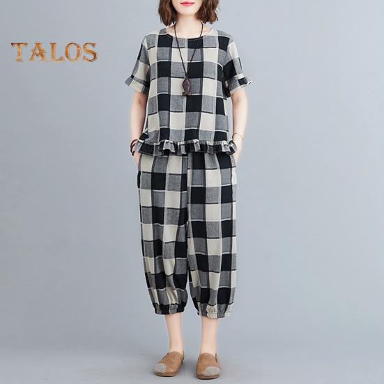 Женский комплект из 2 предметов для отдыха, повседневный клетчатый топ большого размера с короткими рукавами и спортивные брюки, летний свободный наряд