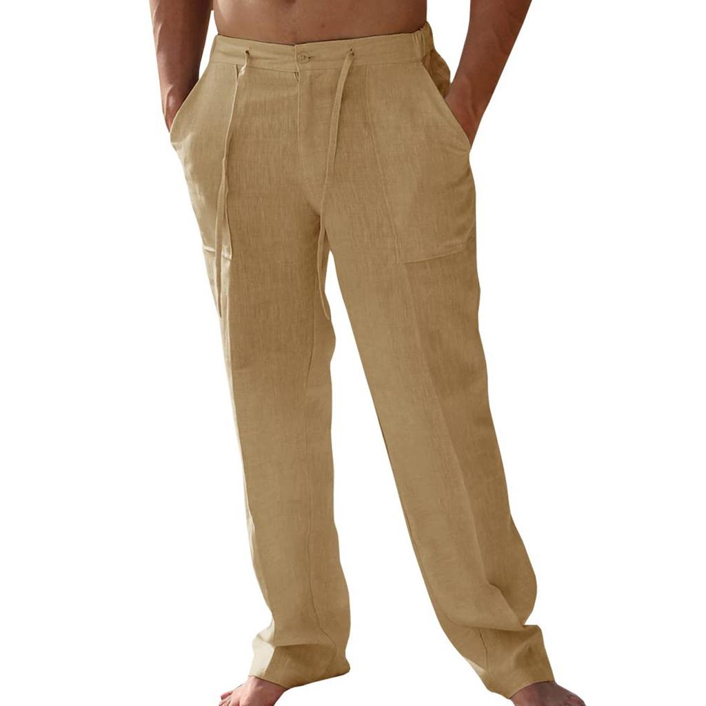 Мужские повседневные льняные брюки с заплатками и завязками, прямые, летние, пляжные, для йоги