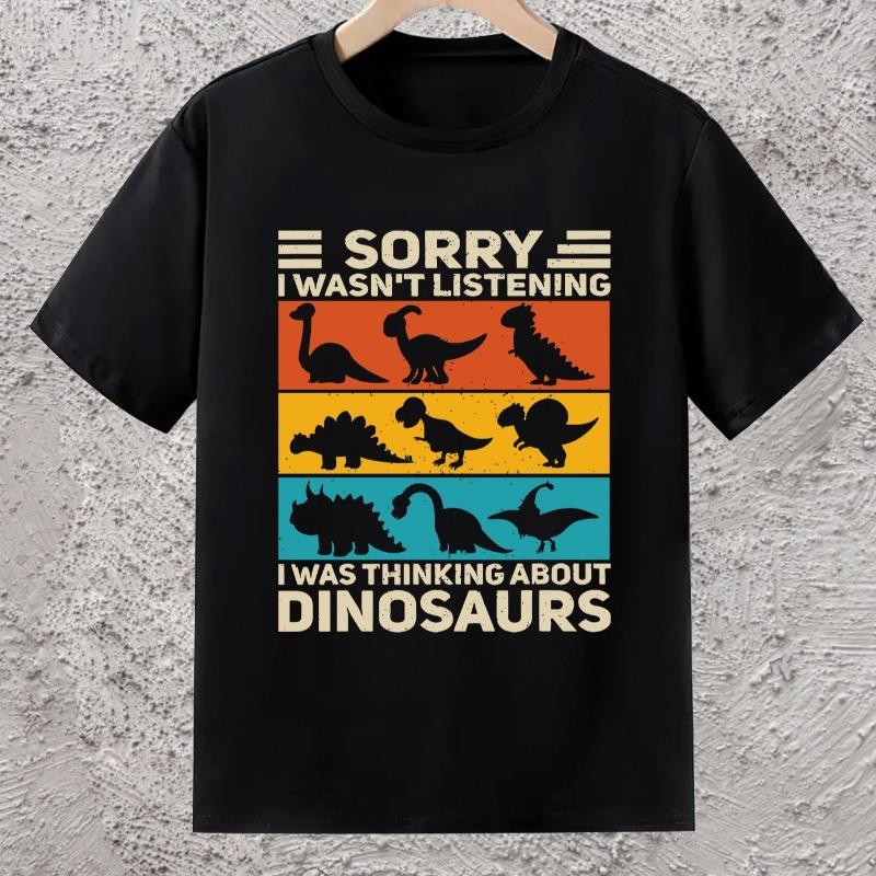 Kids Crew Neck Short Sleeve T-Shirt with Dinosaur Themed & Letter Print