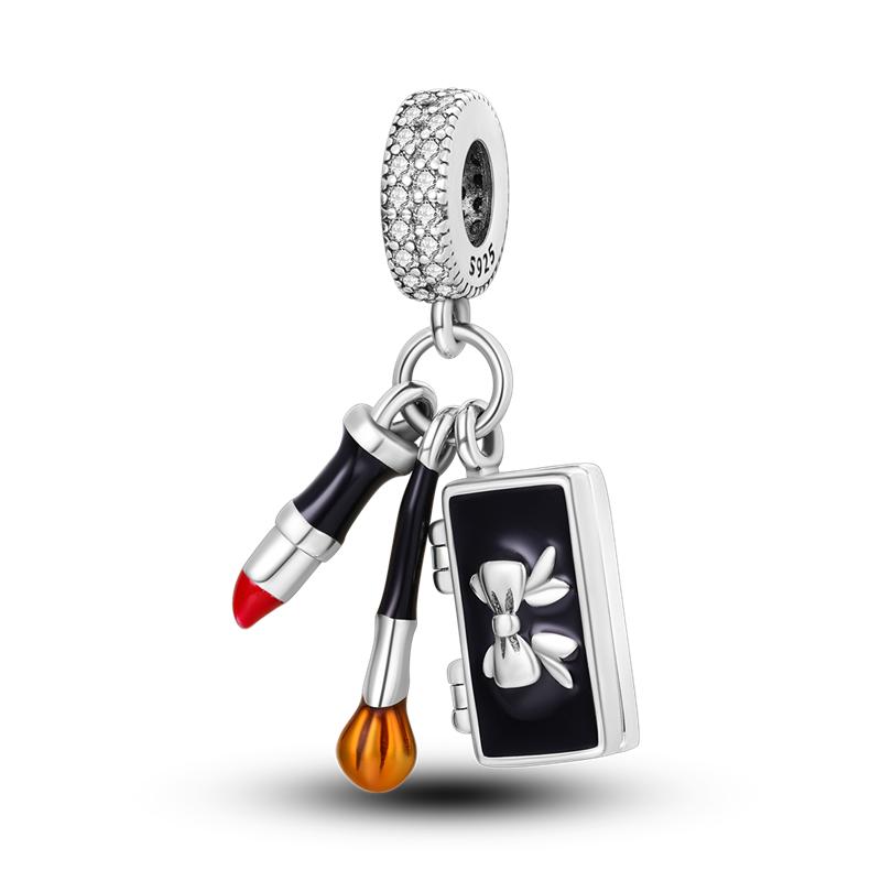 925 Silver Red Color Charms Bead Lipstick High Heels Heart Strawberry Dangle Fit Bangle Bracelet DIY Jewelry