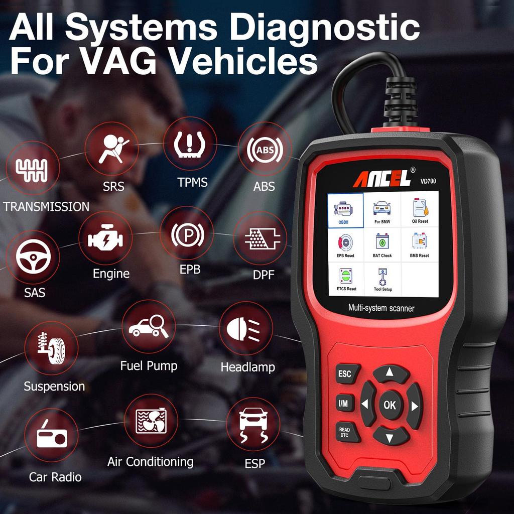 ANCEL VD700 OBD2 сканер автомобильный диагностический инструмент полная система для Volkswagen VW Skoda Seat Oil Service EPB TPMS SAS сброс кодирования форсунок многоязычное