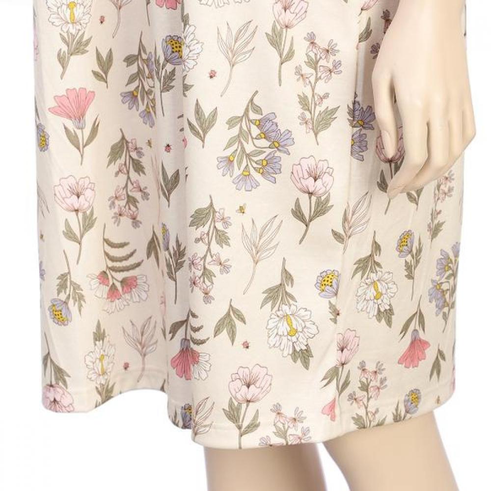 Beige Flower Cool Cotton Modal Short Sleeve Easy Dress Ggw1033l