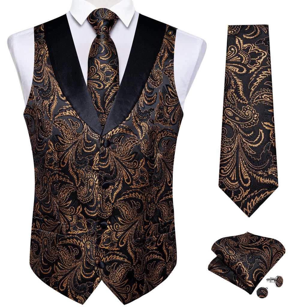 Mens Silk Slim Waistcoat Dark Purple Paisley Wedding Suit Vest Tie Cufflinks Set