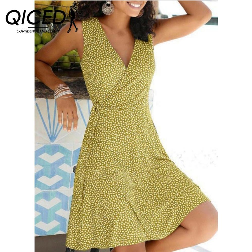 QICED Polka Dot Print Dress Women Sleeveless Bandage Beach Dress Summer Bohemian Dresses For Women Casual V Neck Dresses Female Robe