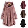 Women Solid Color Coat Hooded Cat Ears Plush Top Irregular Button