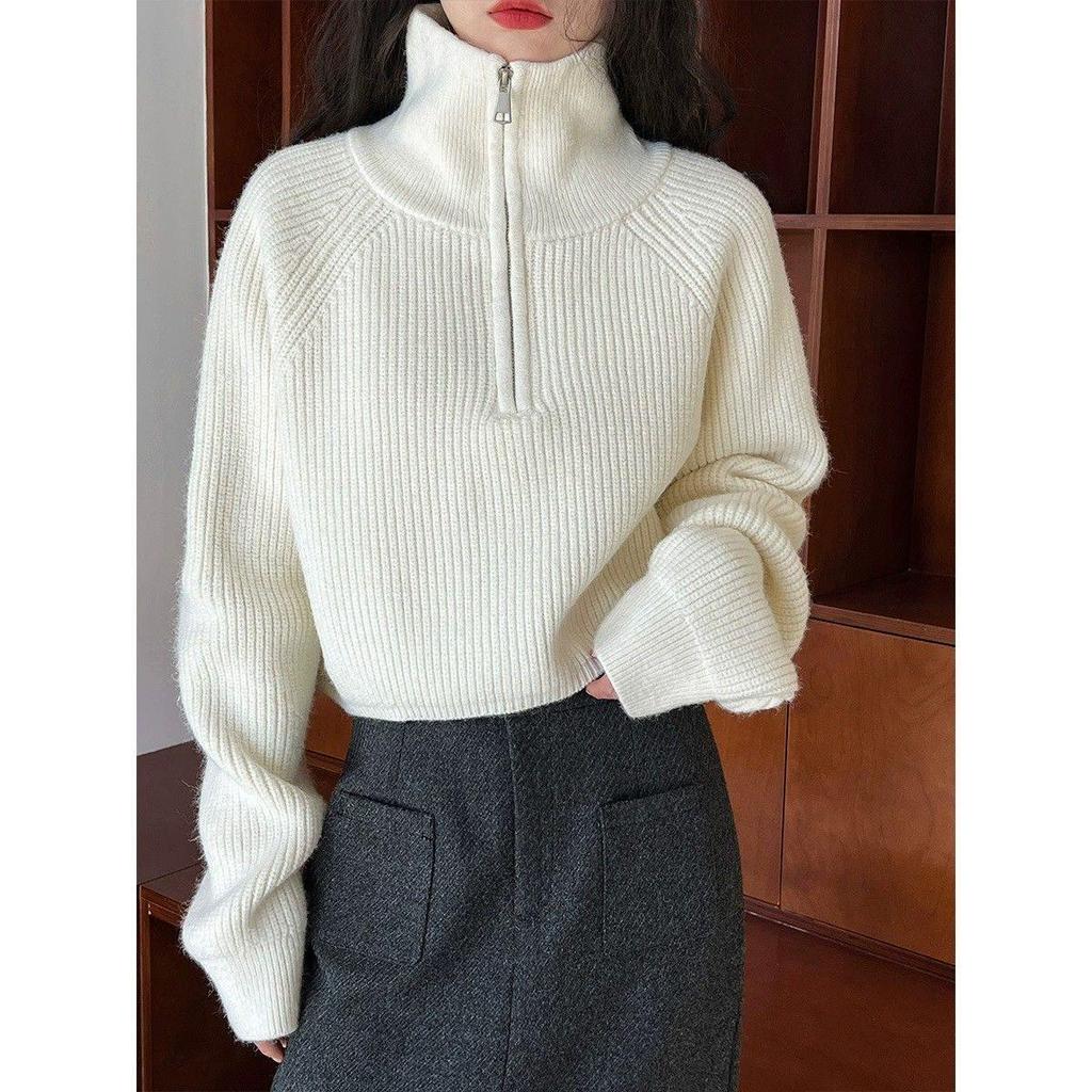 New Fashionable High Neck Zipper Knit Sweater – Loose Fit for Autumn/Winter