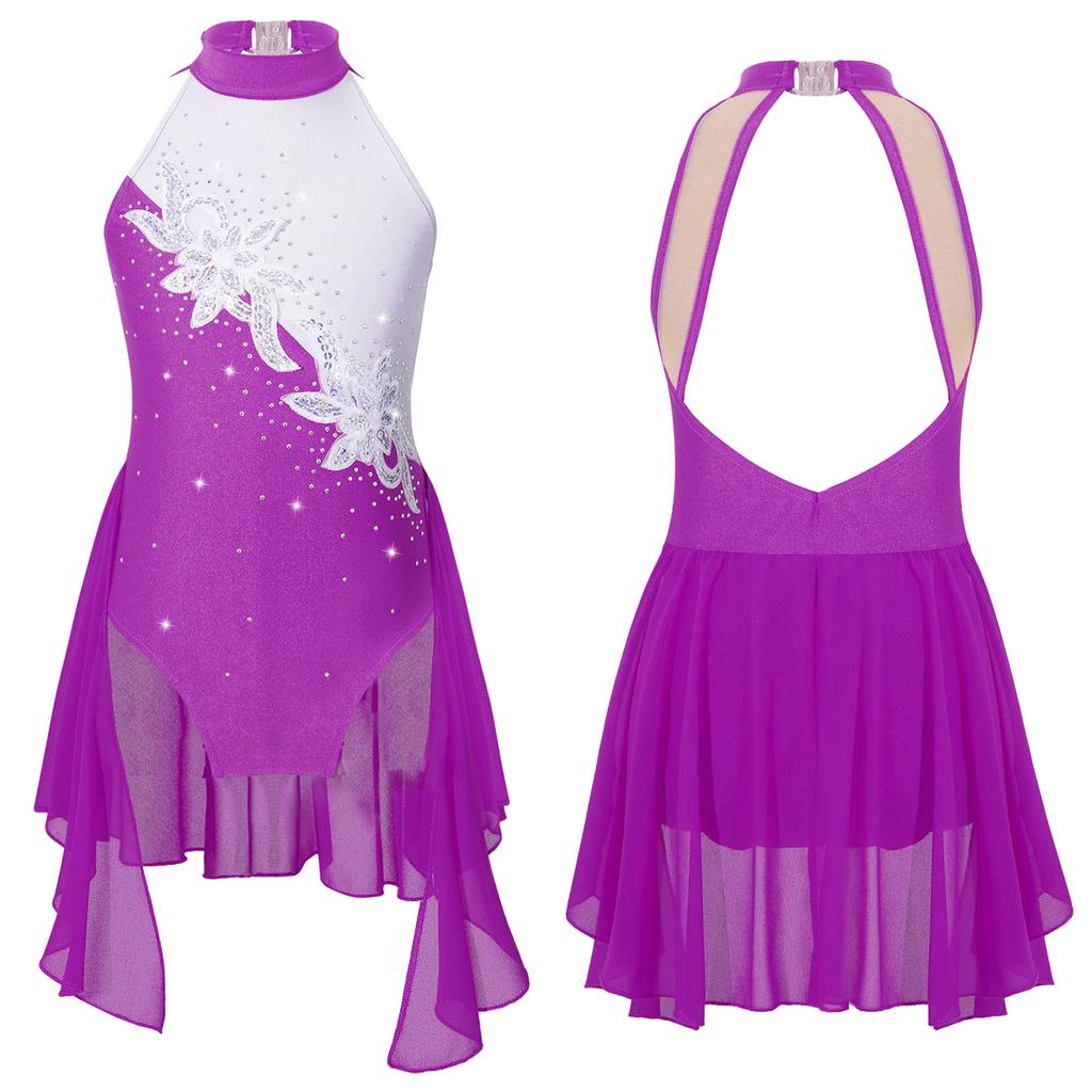 Kids Girls Sleeveless Backless Shiny Rhinestone Sequins Chiffon Dance Dress Gymnastic Skirted Leotard Dance Costume