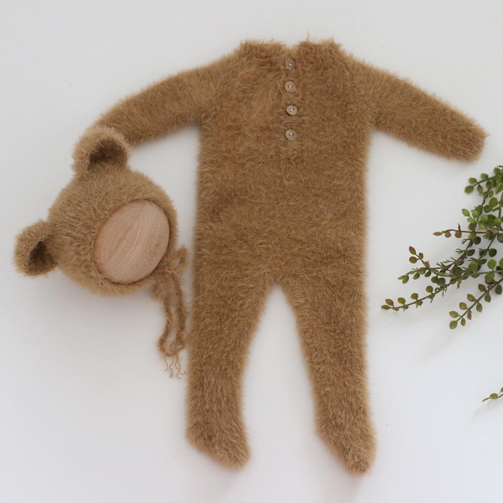 Новая одежда для фотосъемки новорожденных, мягкий вязаный комбинезон с изображением медведя + шапочка, комплект из двух предметов