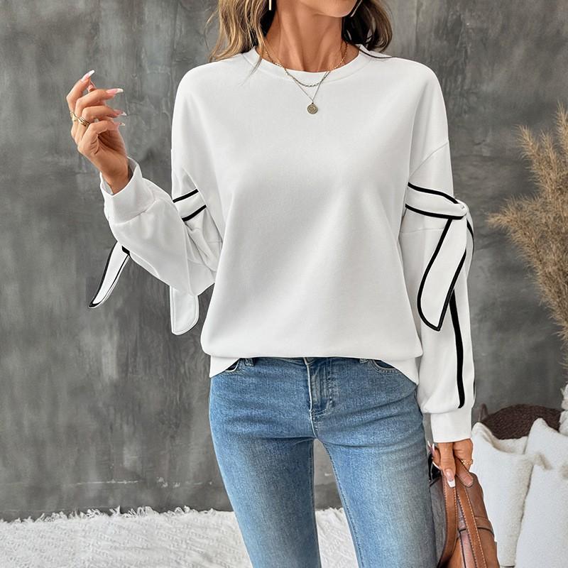 Color Block Top Inner Loose Bow Round Neck Long Sleeve Pullover Sweatshirt Women