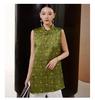 2025 Summer Edition Satin Printed Sleeveless Thin Top with Chinese Style Fashion Stand up Collar and Slant Collar Button Shirt