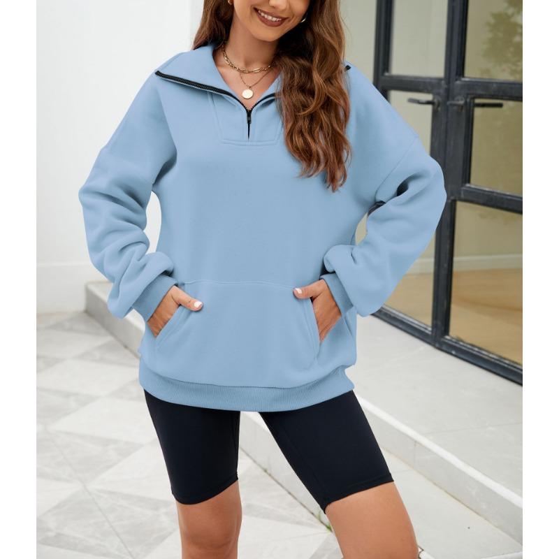 Осенне-зимняя однотонная женская свободная толстовка с воротником-стойкой на молнии