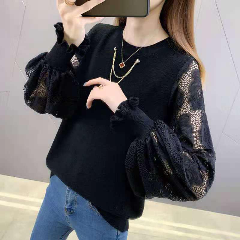 Вязаный свитер женский новый кружевной пряжа с рукавами 2023 женский осенний свитер пуловер с круглым вырезом свитер свободная нижняя рубашка