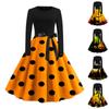 Women Vintage Long Sleeve Halloween Print 1950s Housewife Evening Party Prom Dress