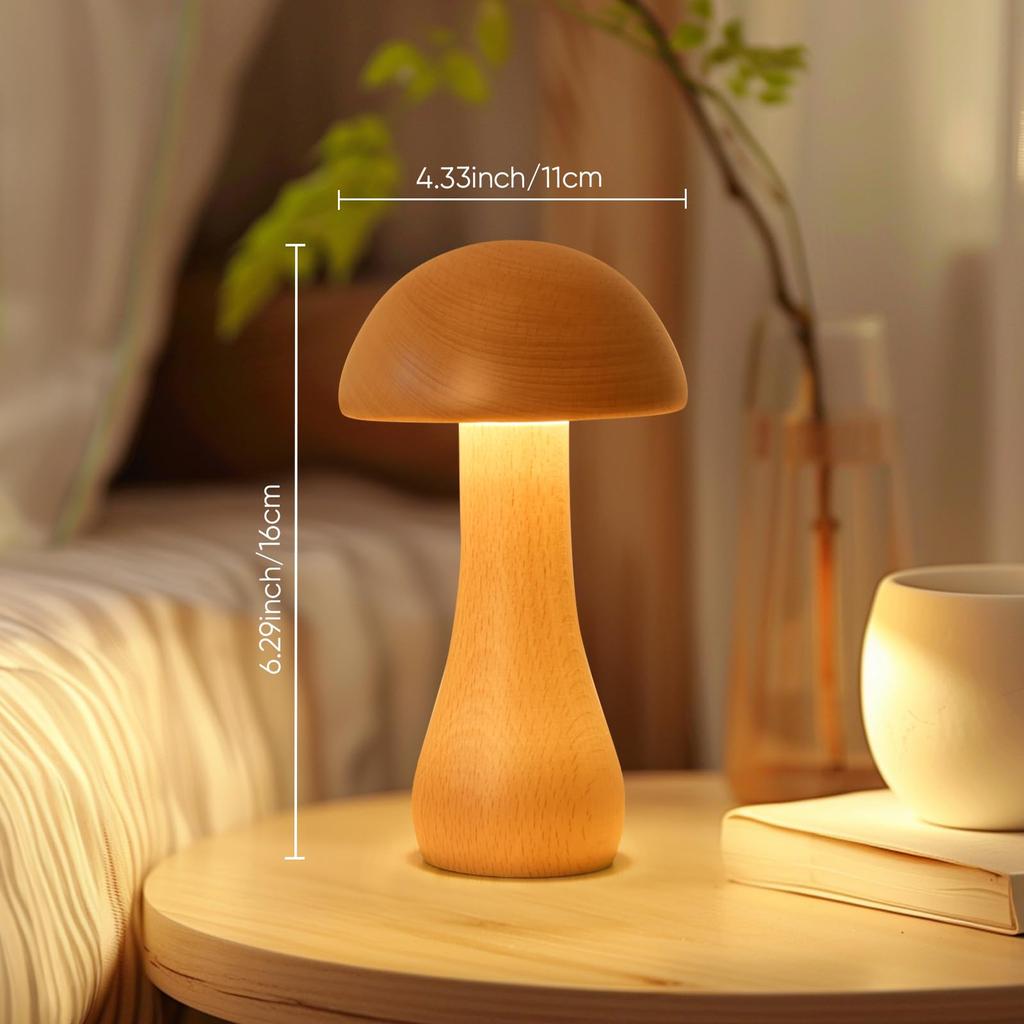 Portable Cordless Wooden Mushroom Lamp with Touch Switch, Small Size, Rechargeable, Stepless Dimming, 360-Degree Rotation, Perfect As a Birthday Gift