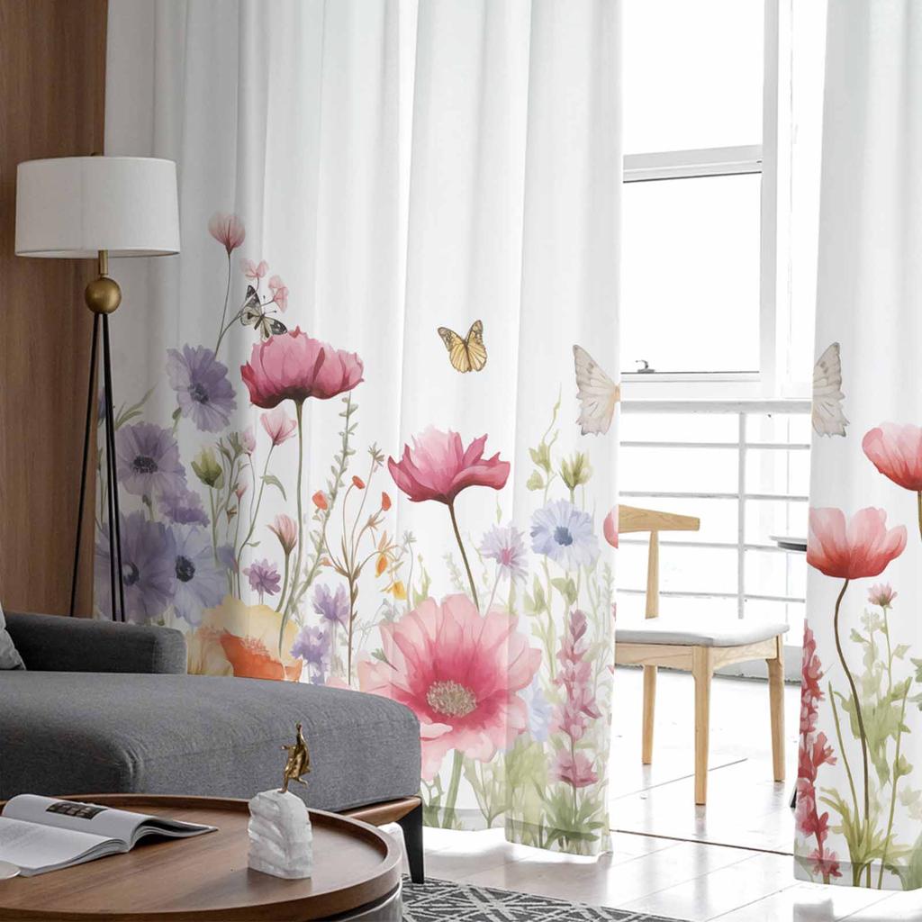 Акварельные цветы, растения, бабочки, лавандовые ромашки, тюлевые шторы для спальни, роскошные шторы в гостиной, шифоновые панели
