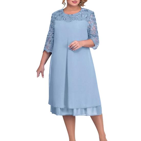 Formal Dress Elegent Beauty Lady Dress Embroidery Plus Size Midi Dress Loose Round Neck Floral Net Yarn