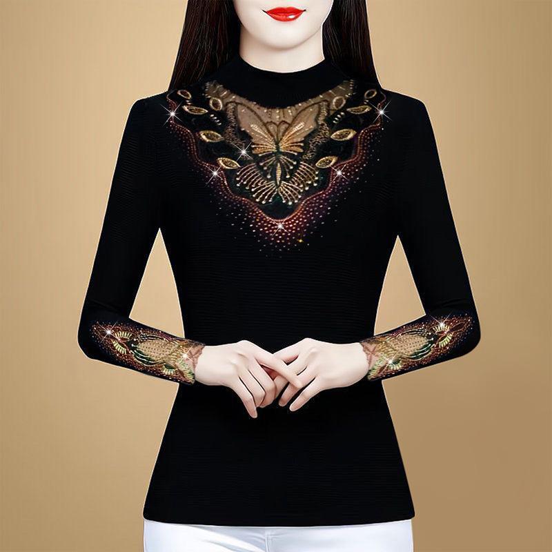 New Spring Embroidery Hot Diamond Plus Velvet Thickened Mesh Base Shirt for Women