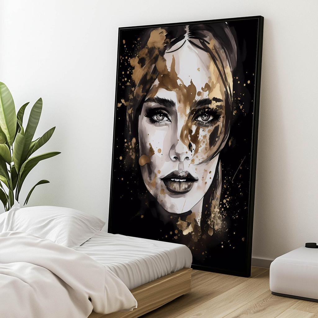 Face of a Woman In Black and Gold Face of a Woman In Black and Gold, 50X70 Cm, Unframed, Premium Canvas On Stretcher