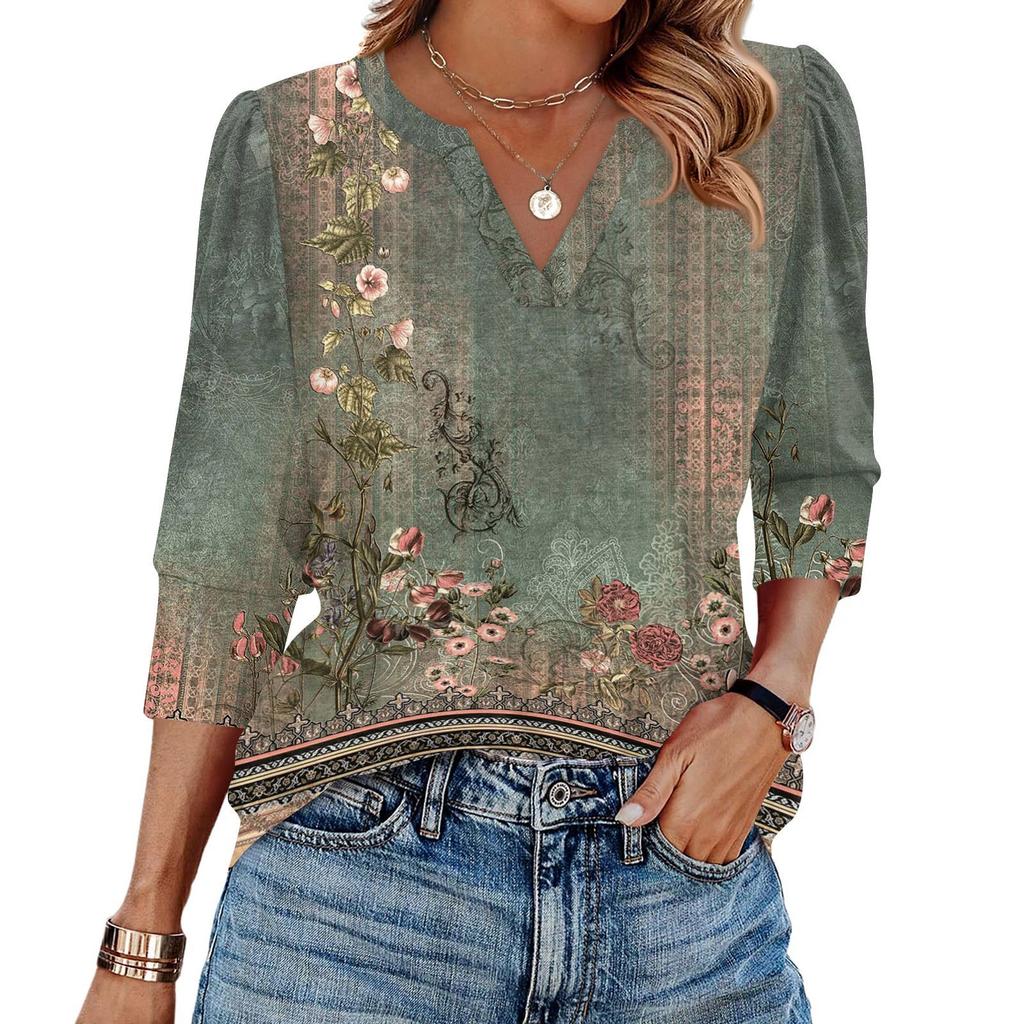 Women's Fashion Casual 3/4 Sleeve Print Shirt Women's V-Neck Tops