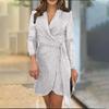 1011 new European and American women's fashionable and sexy waist multi-color sequined suit collar lace-up dress