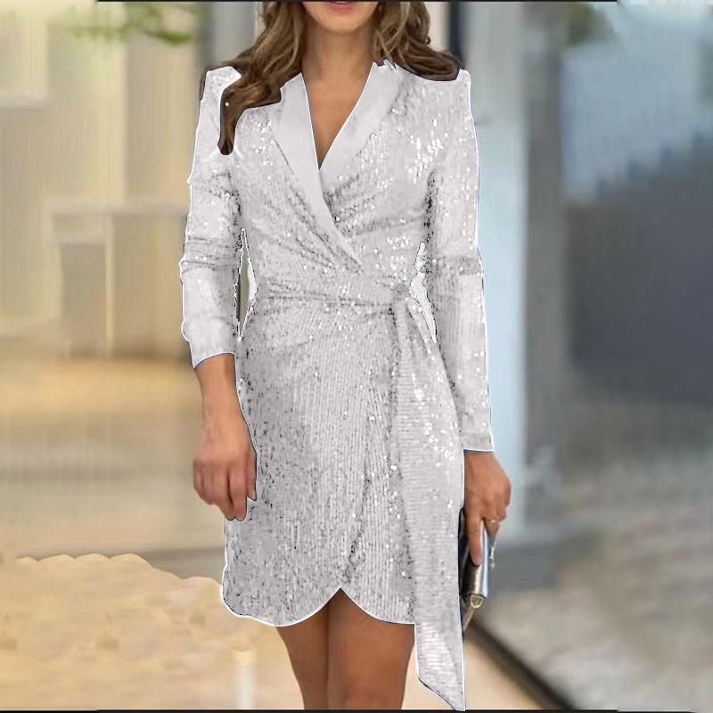 1011 new European and American women's fashionable and sexy waist multi-color sequined suit collar lace-up dress