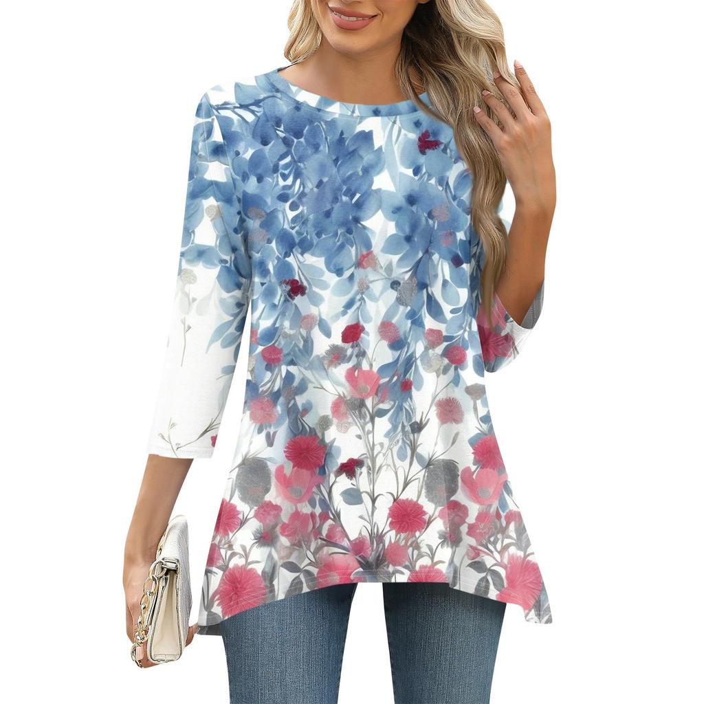 3/4 рукав туника топы для женщин принтованный повседневный выходной свободный крой модная базовая футболка с круглым вырезом