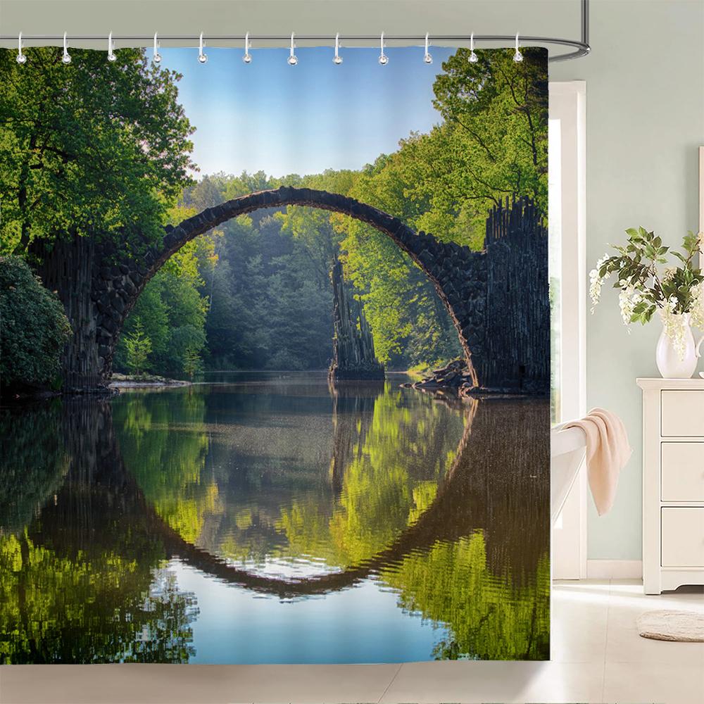 Modern 3D Printing Forest Shower Curtain Green Plant Tree Landscape Bath Curtain With Hooks For Bathroom Waterproof Scenery