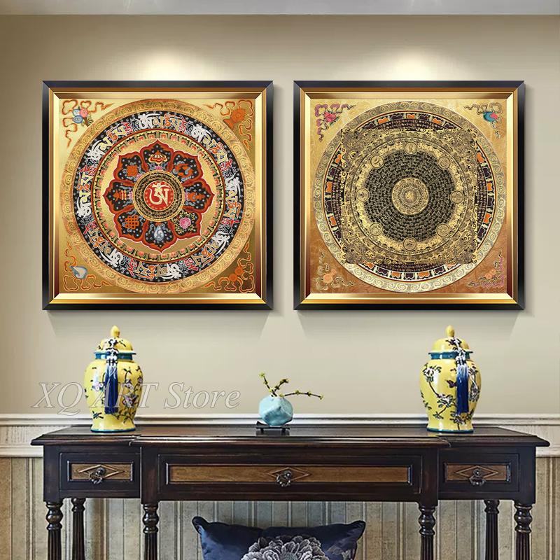 Мандала Храм Тибетская Танка Подвесная Картина Гостиная Декоративная Картина на Холсте Сердце Сутра Шесть Слов Мантра Безрамное