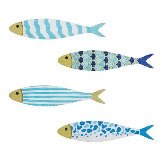 4 Pcs Wooden Fish Wall Decor Nautical Coastal Wall Art Blue Fish Wall Sculpture Lake House Hanging Decor for Bathroom Bedroom