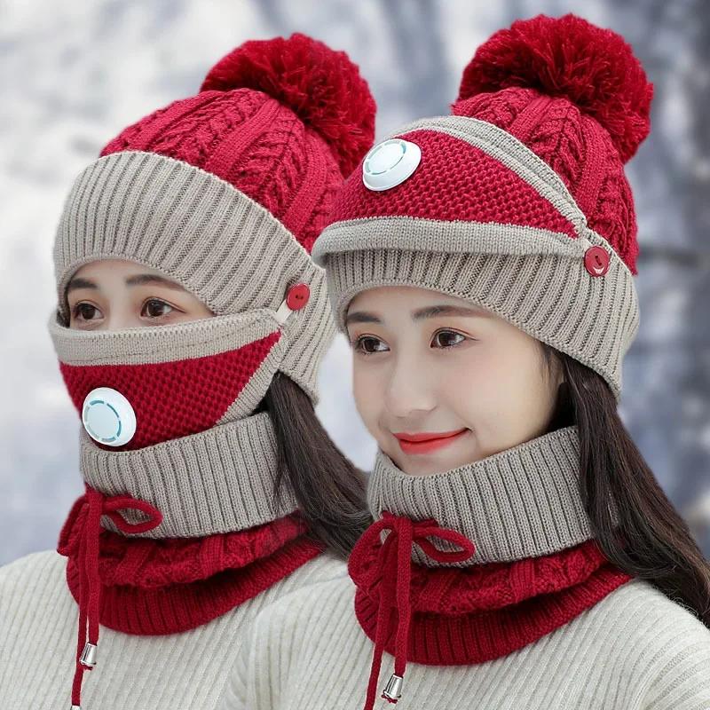 Women Scarf Winter Sets Cap Mask Collar Face Protection Girls Accessory Women Ball Outdoor Cycle Knitted Hat for Adult Ladies