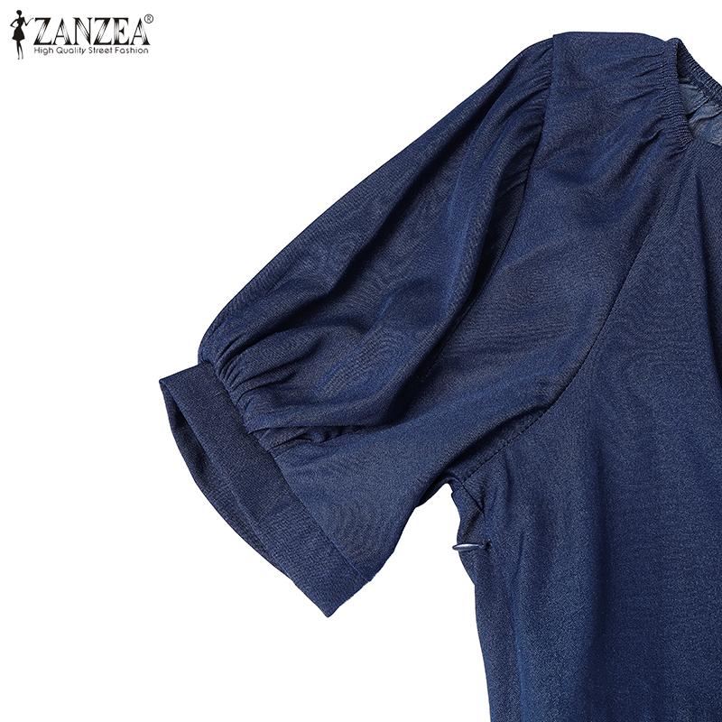 ZANZEA Женская повседневная блузка с круглым вырезом, рукавами-буфами, однотонная, свободного кроя