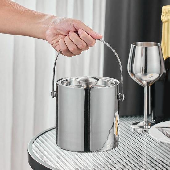 Stainless Steel Ice Bucket with Lid Double-Wall Insulated Wine Champagne Cooler 1.4/2/3L Large Capacity Rust-Proof Barrel for Bars Hotels Parties