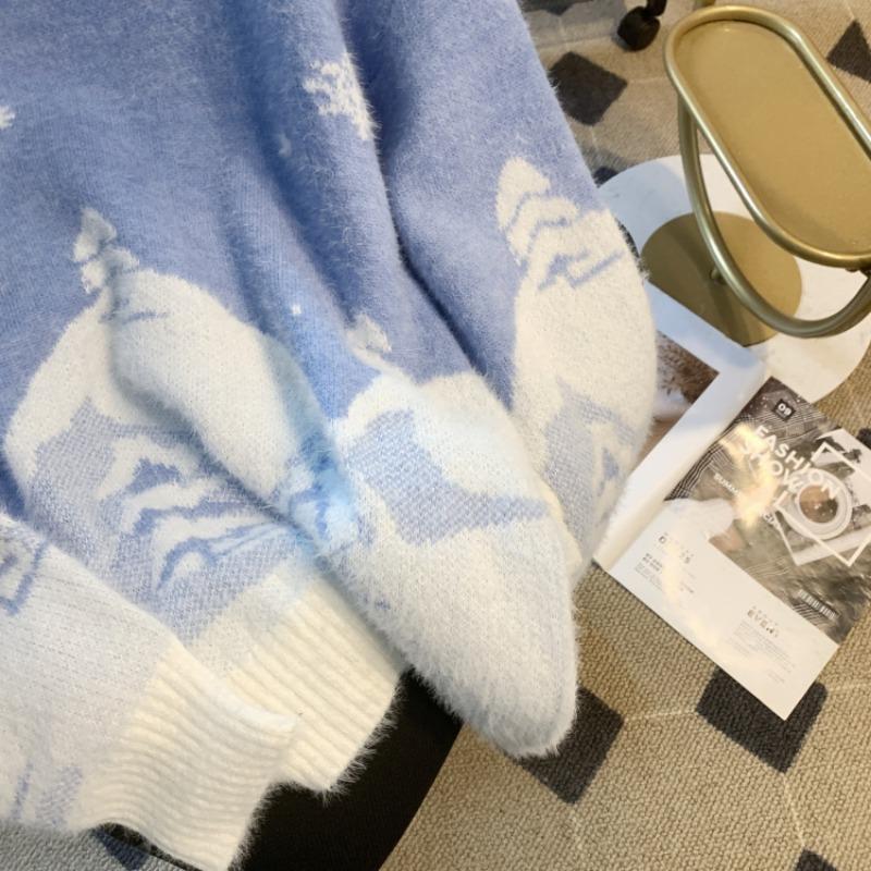 Winter New Cute Print Loose Christmas Pullovers Sweater Women Tops O Neck Long Sleeve Vintage Knitted Sweater Woman Casual Fashion Lady Jumpers 25513