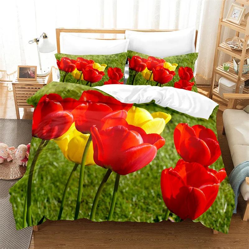 Color Tulip Pattern Bedding Set Down Duvet Quilt Cover Set 3D Digital Printing Quilt Cover Three-piece Set