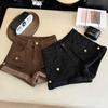 Autumn/Winter Plus Velvet High-Waisted Slimming A-Line Denim Shorts with Rolled Hem and Cargo Style