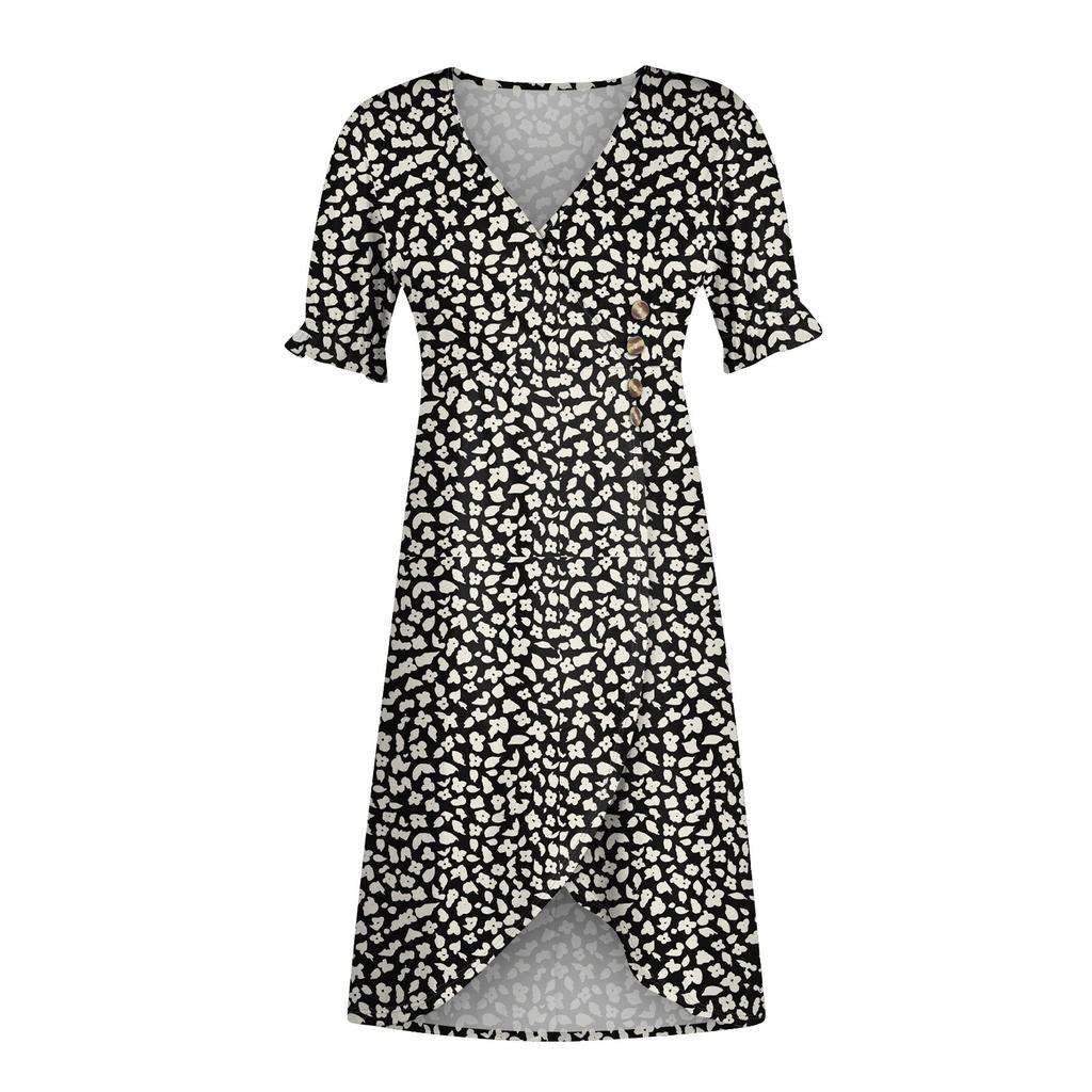 Women's Summer Casual Dress V Neck A-line Boho Ditsy Floral Flounce Sleeve Wrap Hem Dress