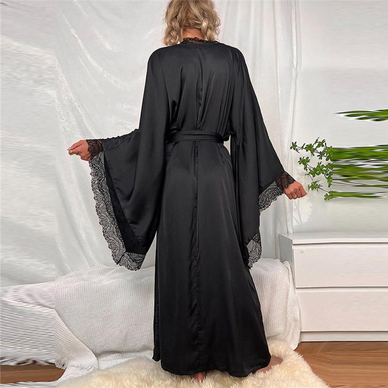 Сексуальный длинный однотонный шелковый атласный халат с кружевной отделкой и вставками для женщин, с расклешенными рукавами, свободный, в придворном стиле, ночная одежда, кружевные халаты, одежда для отдыха