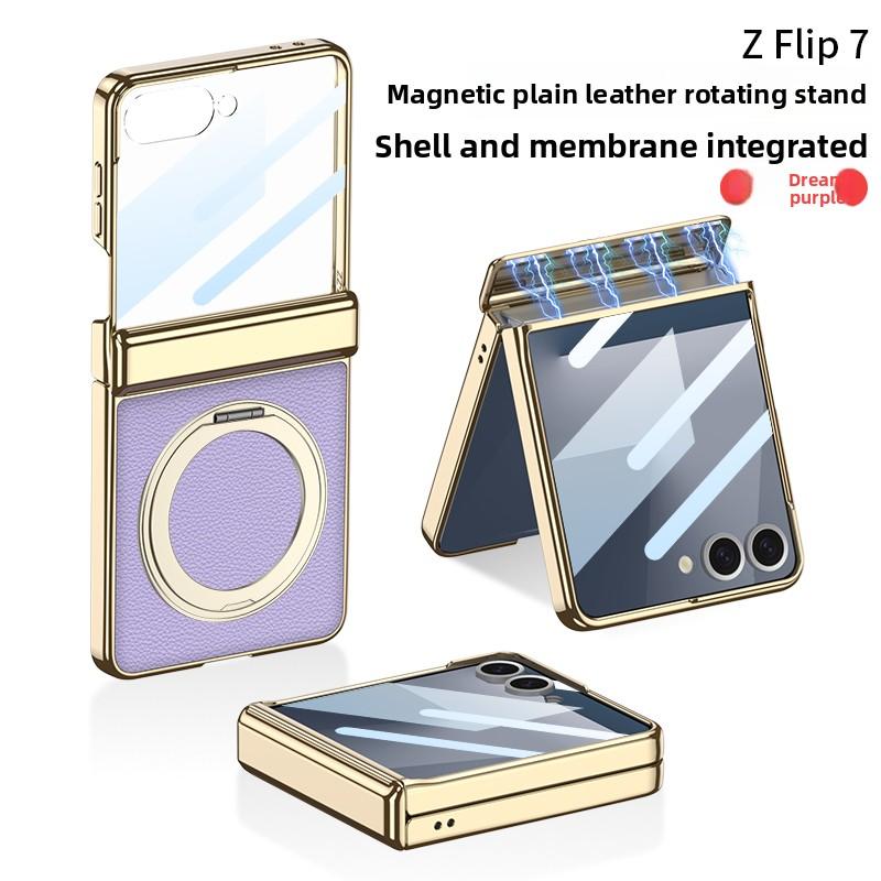 Для Samsung Galaxy Z Flip 7 Чехол Роскошная Кожа PU Кожа Шарнир MagSafe Магнитное Кольцо Подставка Защитная Задняя Крышка Для Z Flip7 Чехол