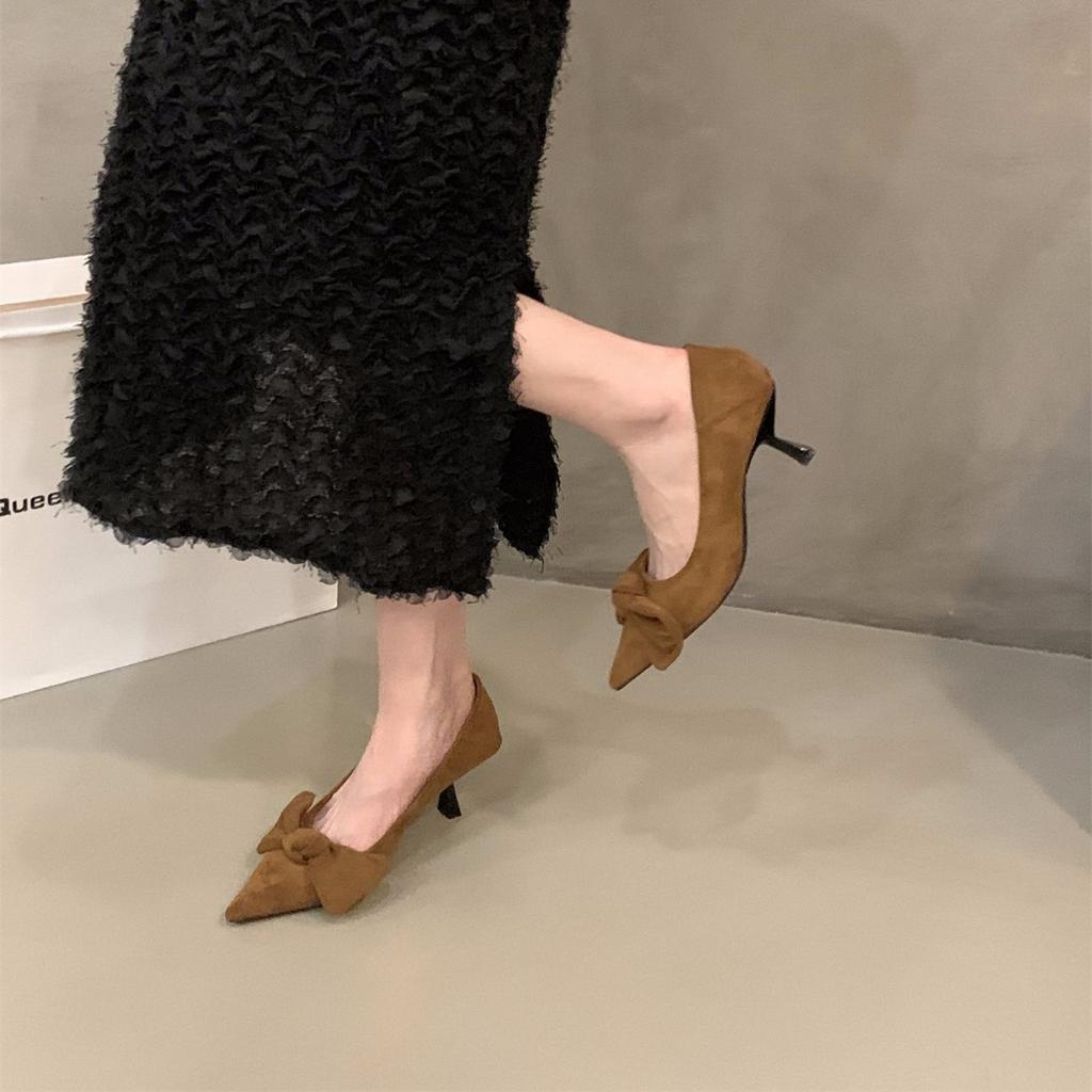 Niche French Black High Heels Women's Shoes 2025 New Spring and Autumn Temperament Suede Bow Pointed Single Shoes