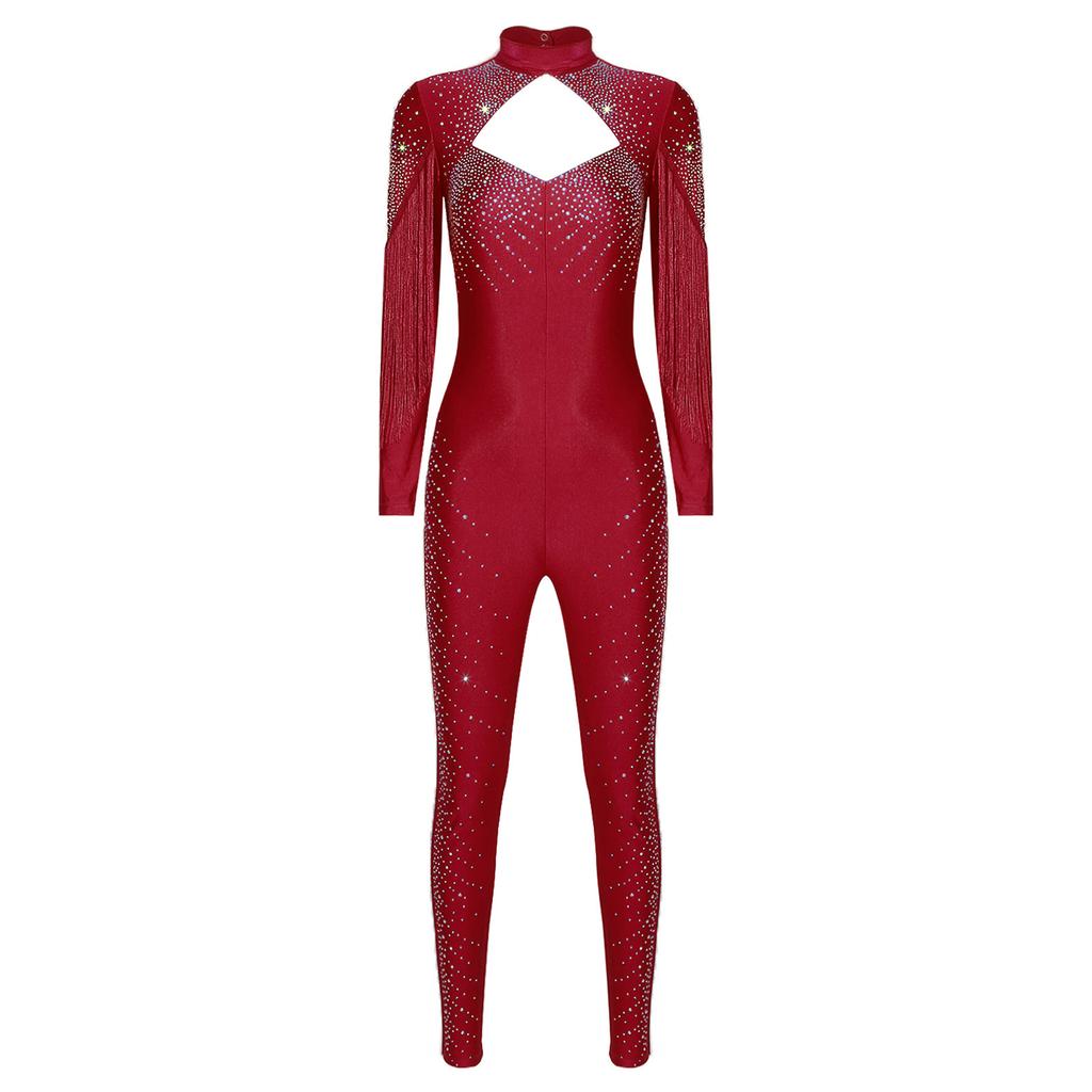Womens Figure Skating Jumpsuit Glittery Rhinestone Long Sleeve Tassel Front Design Hollow Out Back One Piece Romper