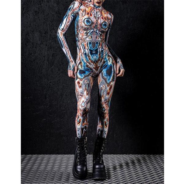 Женский Хэллоуин Комбинезон с длинным рукавом с цифровым принтом, облегающий боди, костюм для косплея